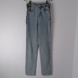 High Rise Lace-Up Women Jeans - Light Blue